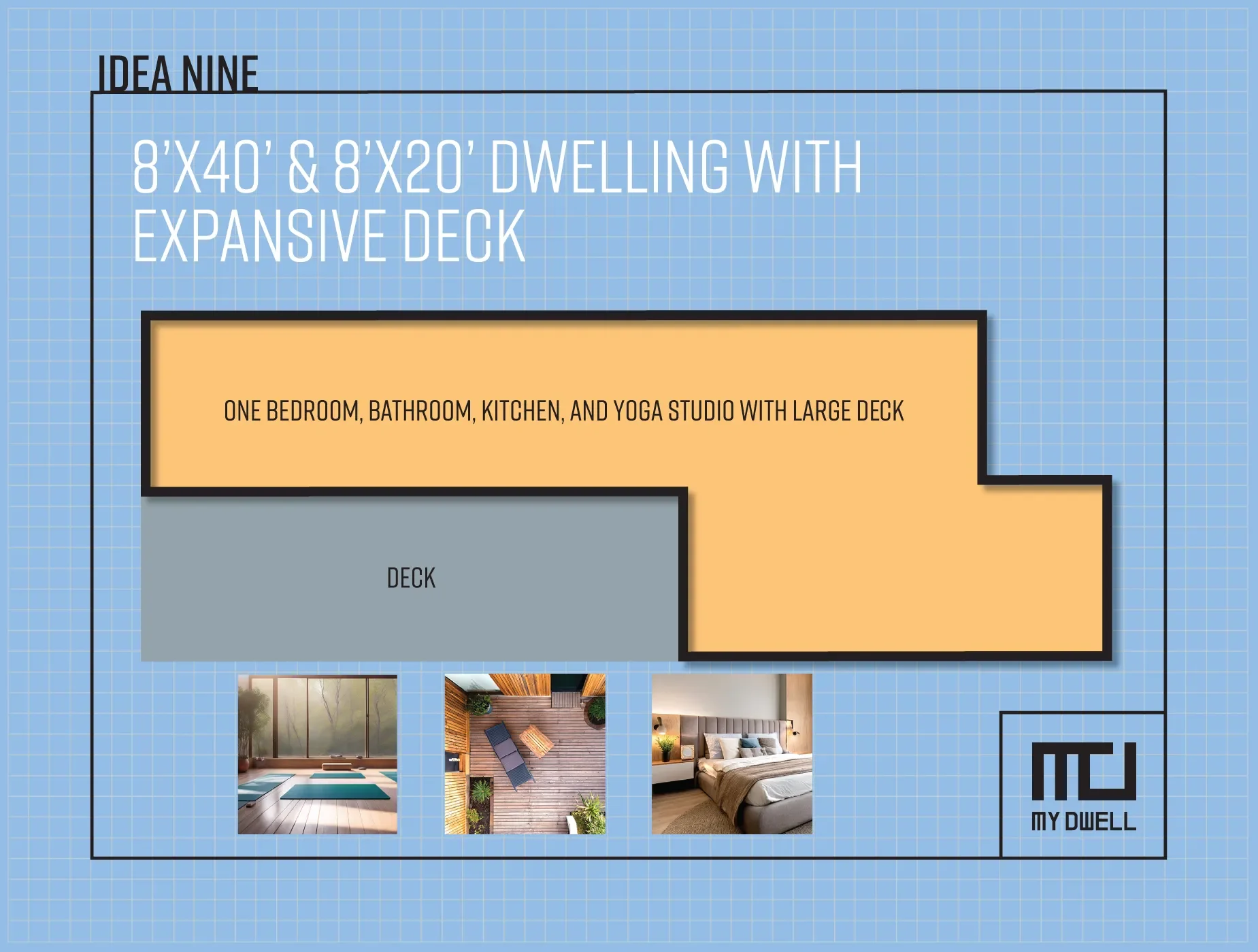 Design idea for an affordable ADU dwelling showing a large living area, bedrooms, bathroom, kitchen, an expansive deck, and outdoor spaces with images of large window, wooden deck with outdoor furniture, and a bedroom.