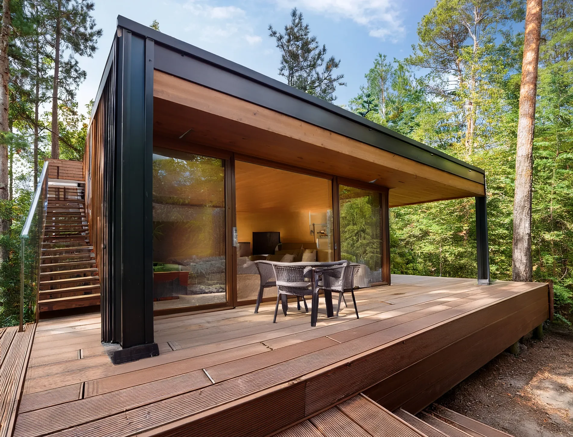Modern small affordable wooden house with large glass sliding doors and a spacious wooden deck, surrounded by tall forest trees.