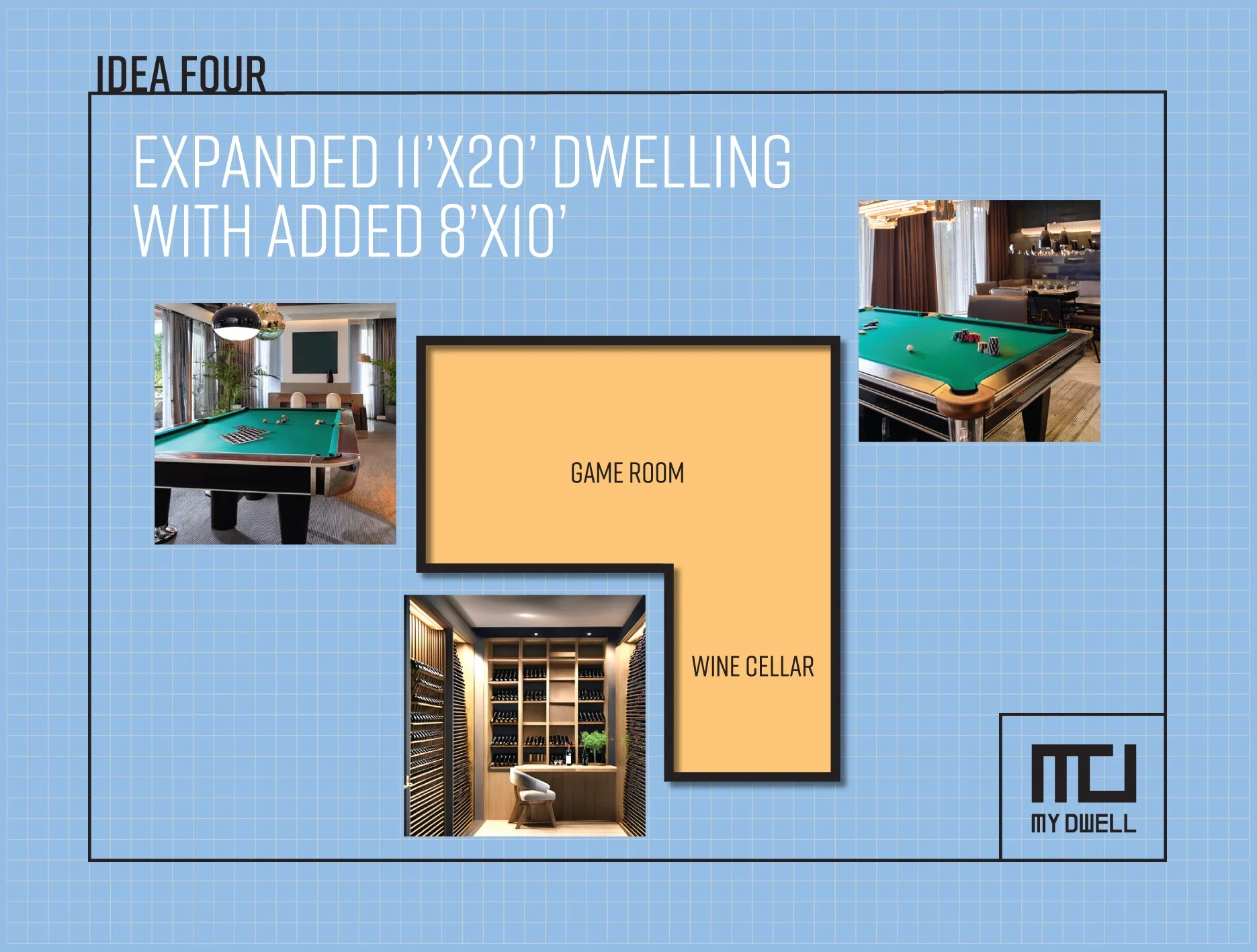 Design idea for an affordable ADU dwelling that can be a game room, wine cellar, or kitchen.