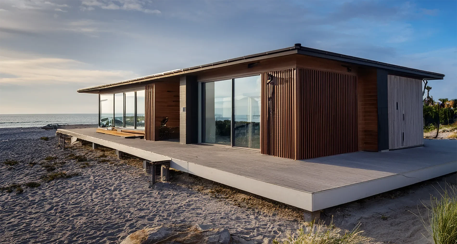 Small affordable modern beach retreat with large glass sliding doors and wooden exterior.