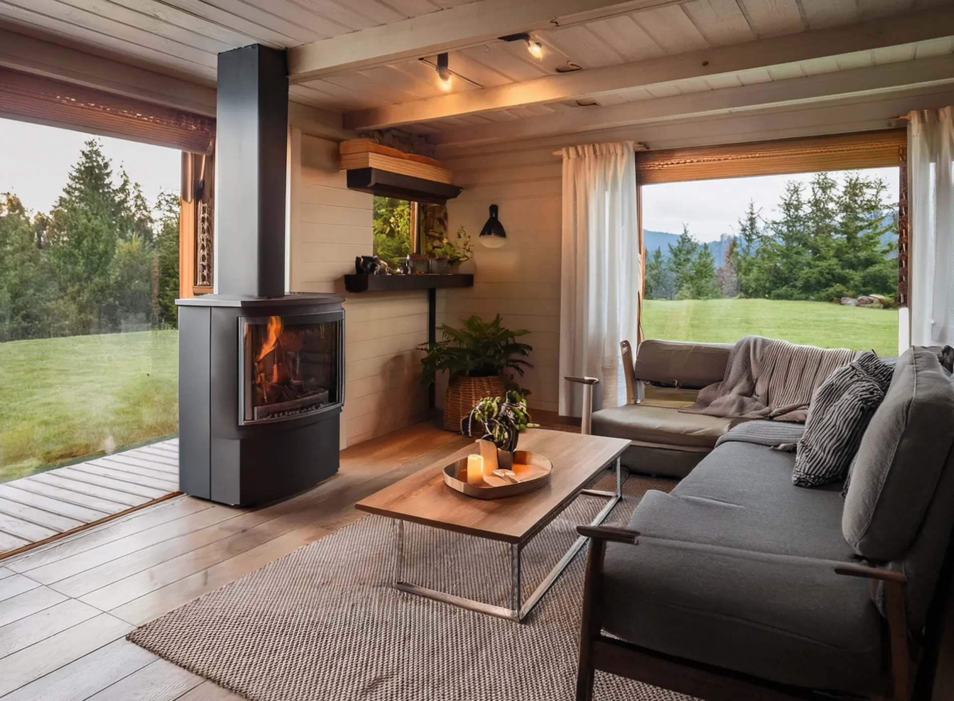 Living room with large windows in an affordable extra space dwelling unit for a backyard.