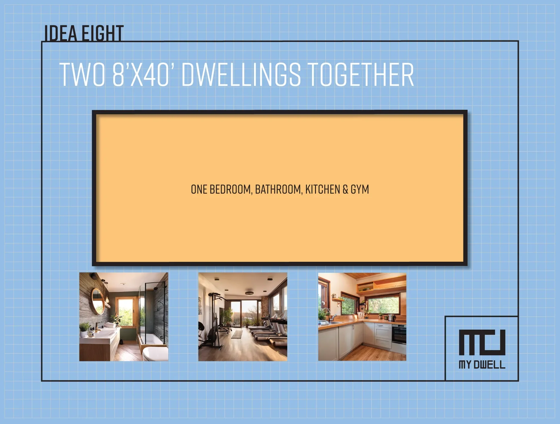 Design idea for an affordable ADU dwelling with images of interior rooms including a bathroom, gym, and kitchen.