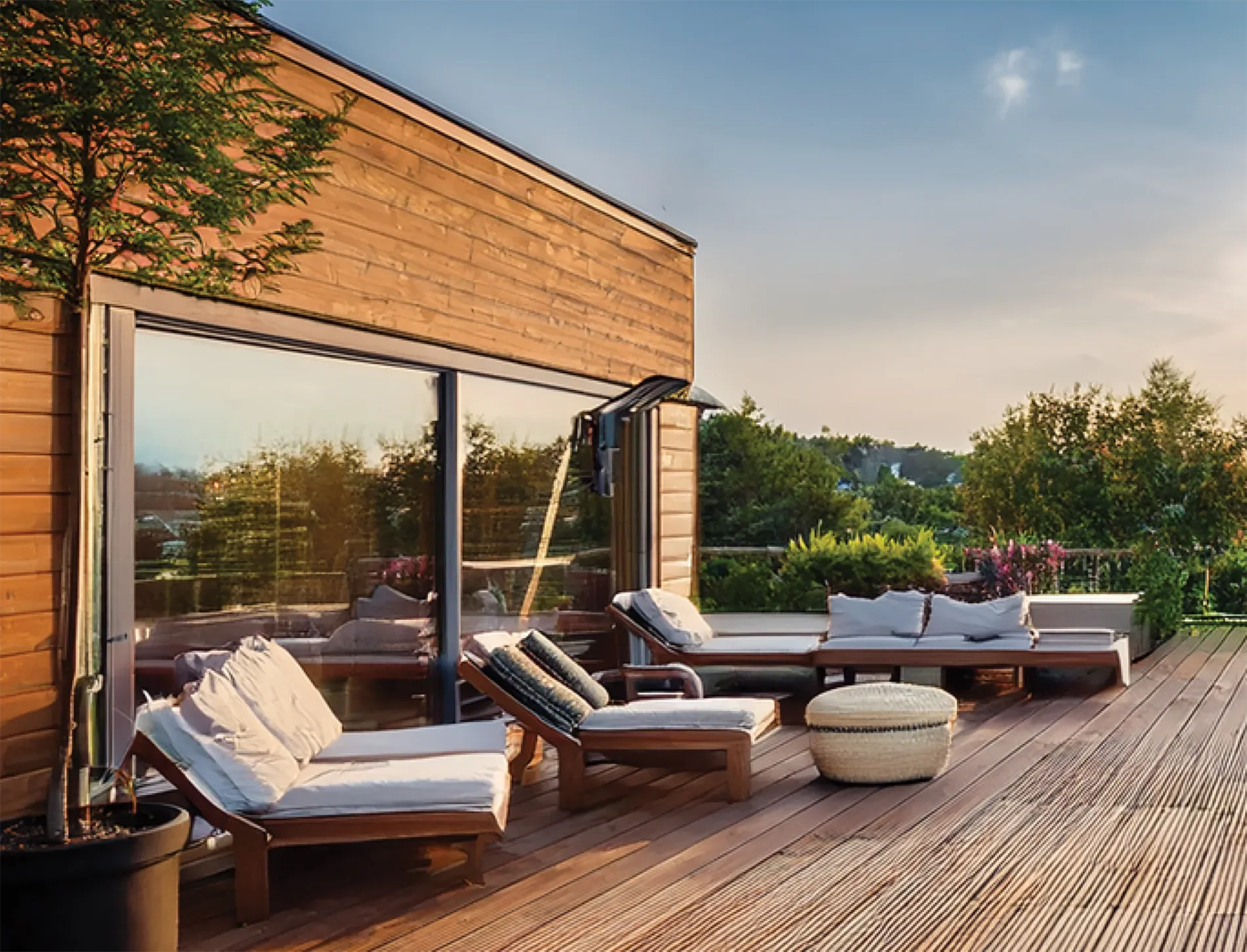 Design of a deck outside of a backyard ADU dwelling.