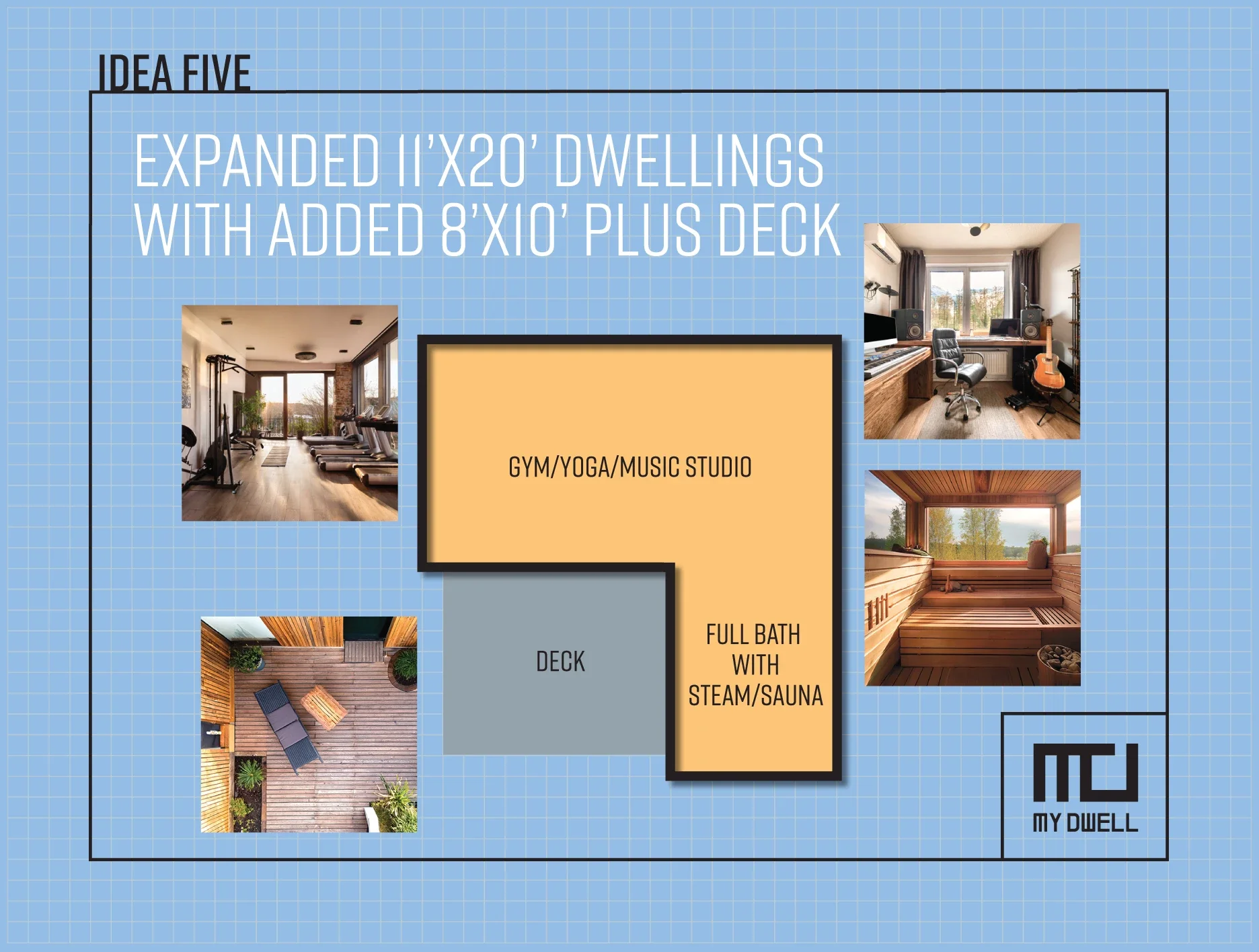 Design idea for an affordable ADU dwelling that can be a  deck, gym/yoga/music studio, full bath with steam/sauna, and an outdoor deck.