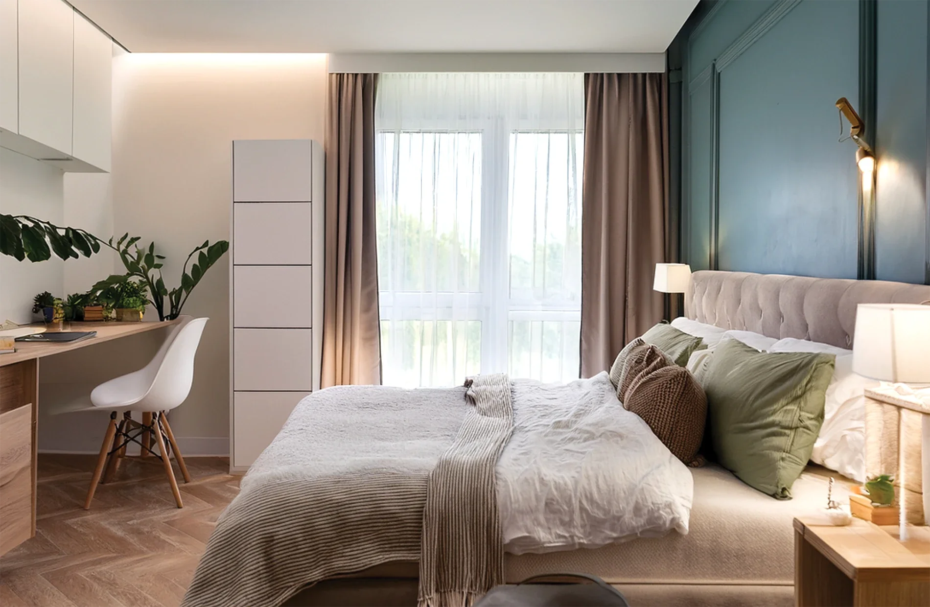 A cozy bedroom design for a cost-effective ADU dwelling unit.