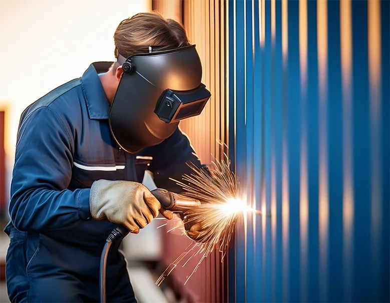 A worker welding one of our small ADU units in final production.