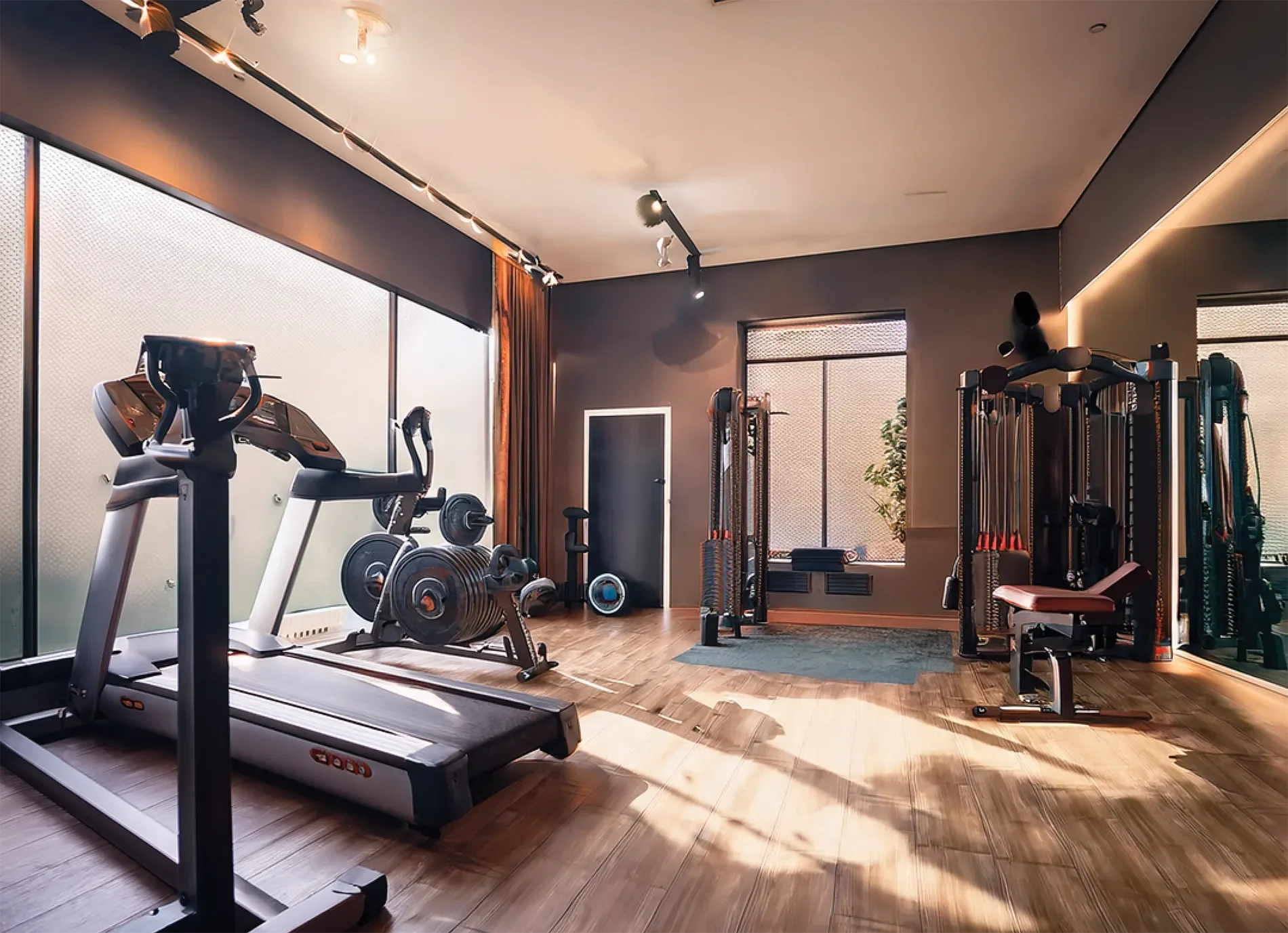 A modern budget-friendly ADU gym with wooden floors, large windows, and various exercise equipment including a treadmill, weight racks, and a seated chest press machine.