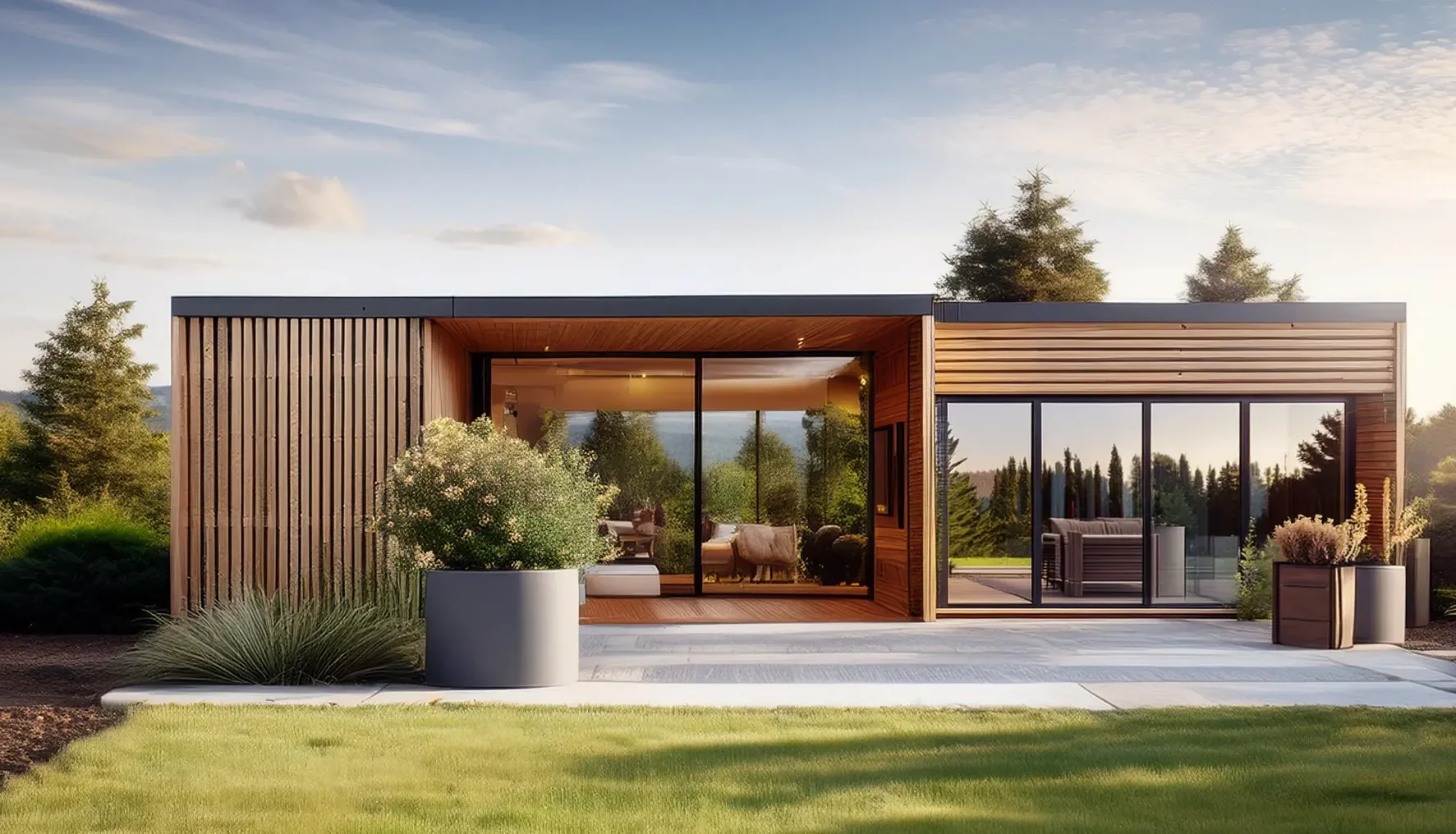 Modern small back yard affordable ADU with large glass sliding doors, wooden exterior, surrounded by greenery and trees.