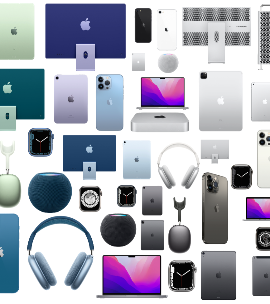 Collection of Apple products including iPhones, iPads, MacBooks, iMacs, Apple Watch, AirPods, HomePod, and Apple accessories in various colors.