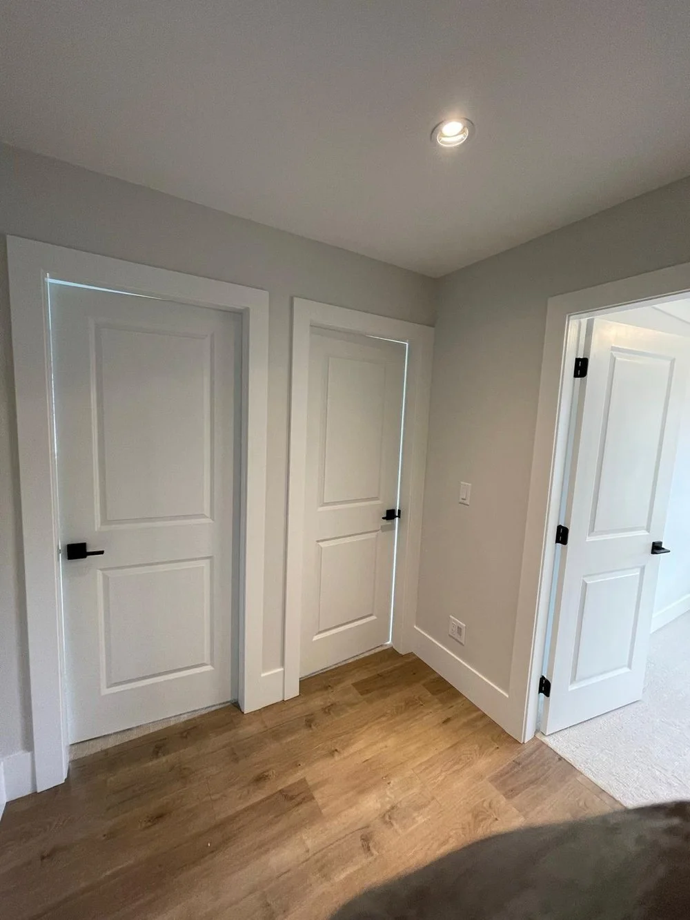 Three white interior doors with black hardware in a room with wood flooring and gray walls.