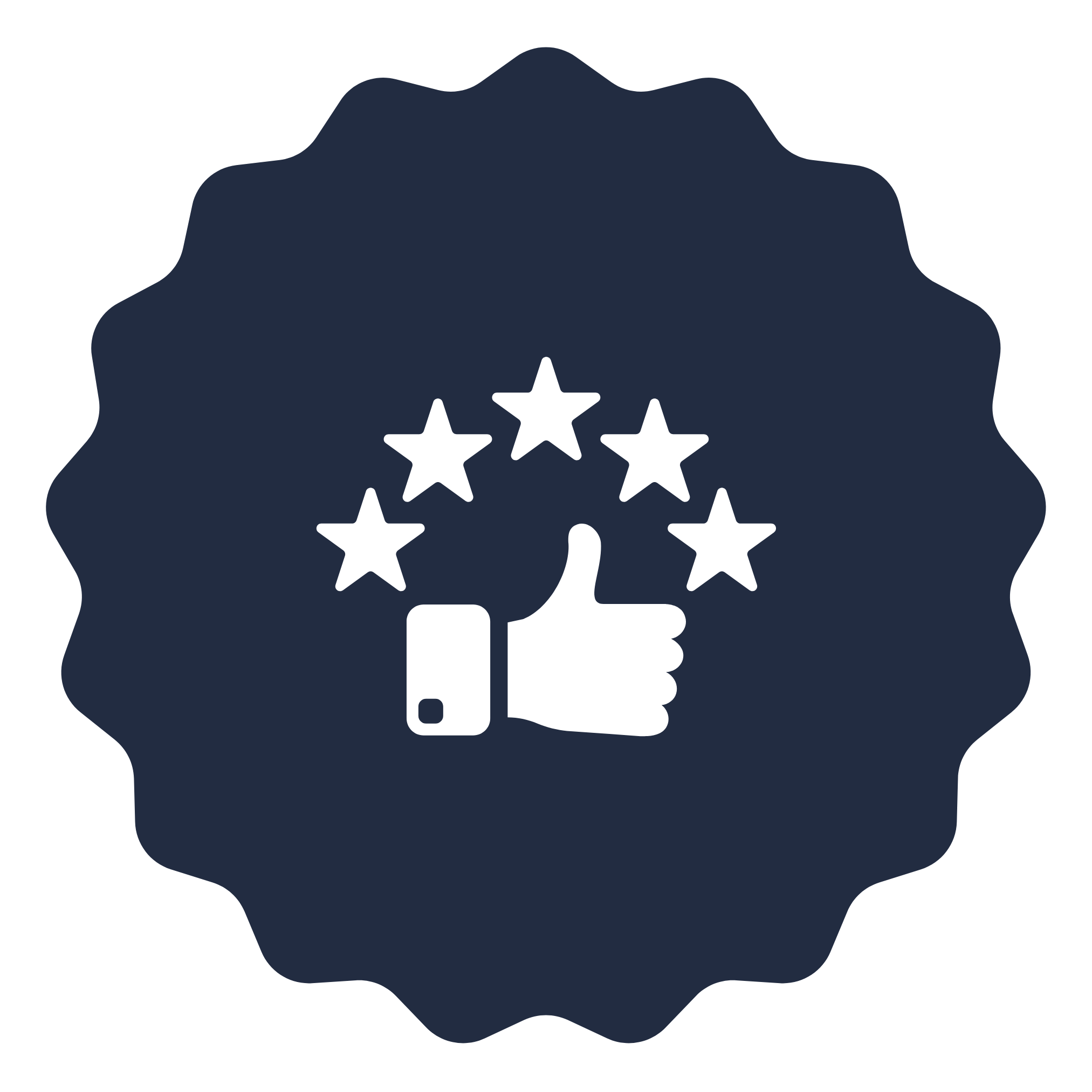 A sticker with a thumbs-up icon, five stars in a circle, and a scalloped border.