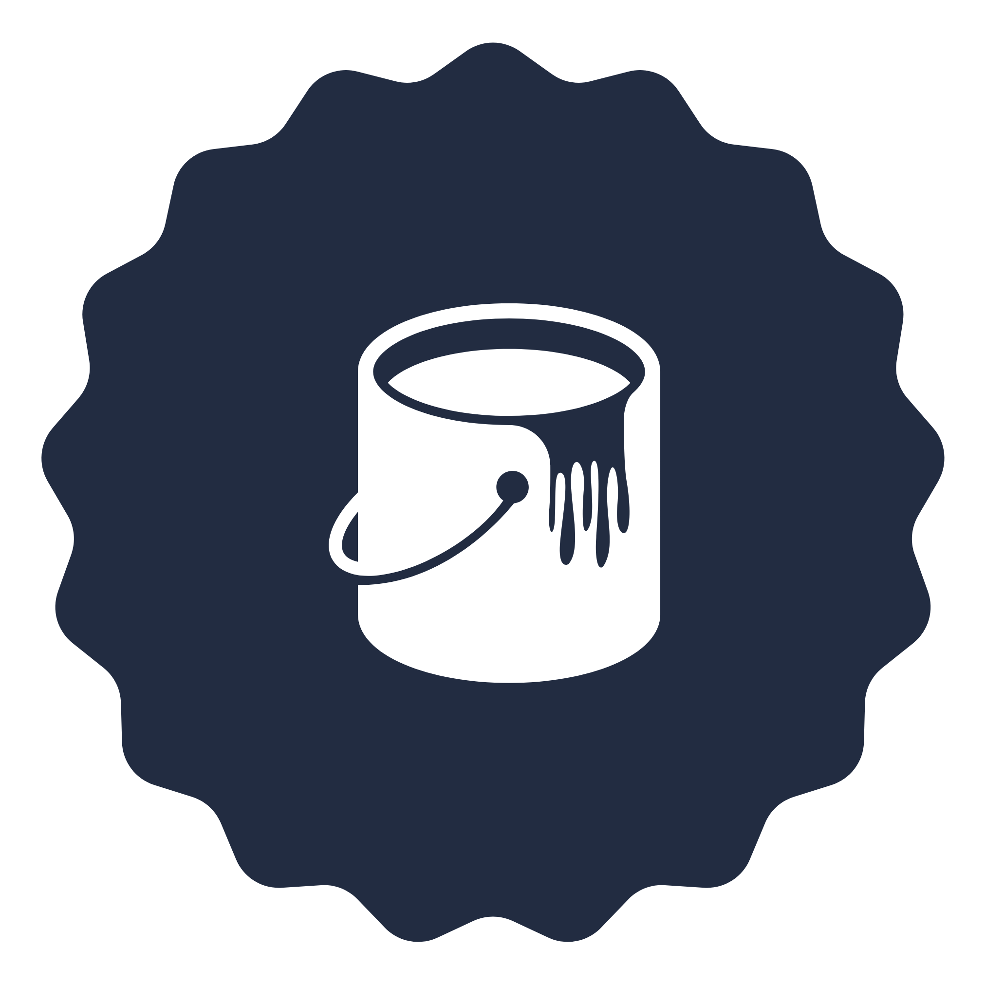 Icon of a paint can with paint dripping from it, contained within a scalloped dark blue border.