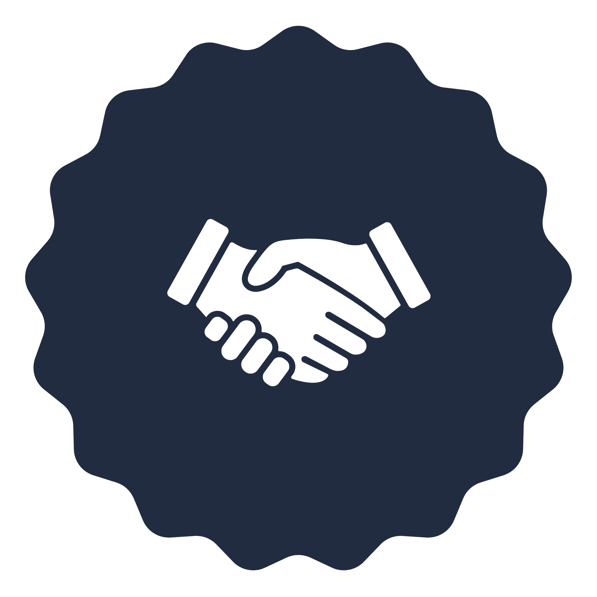 Icon of a handshake enclosed in a scalloped border, representing agreement or partnership.