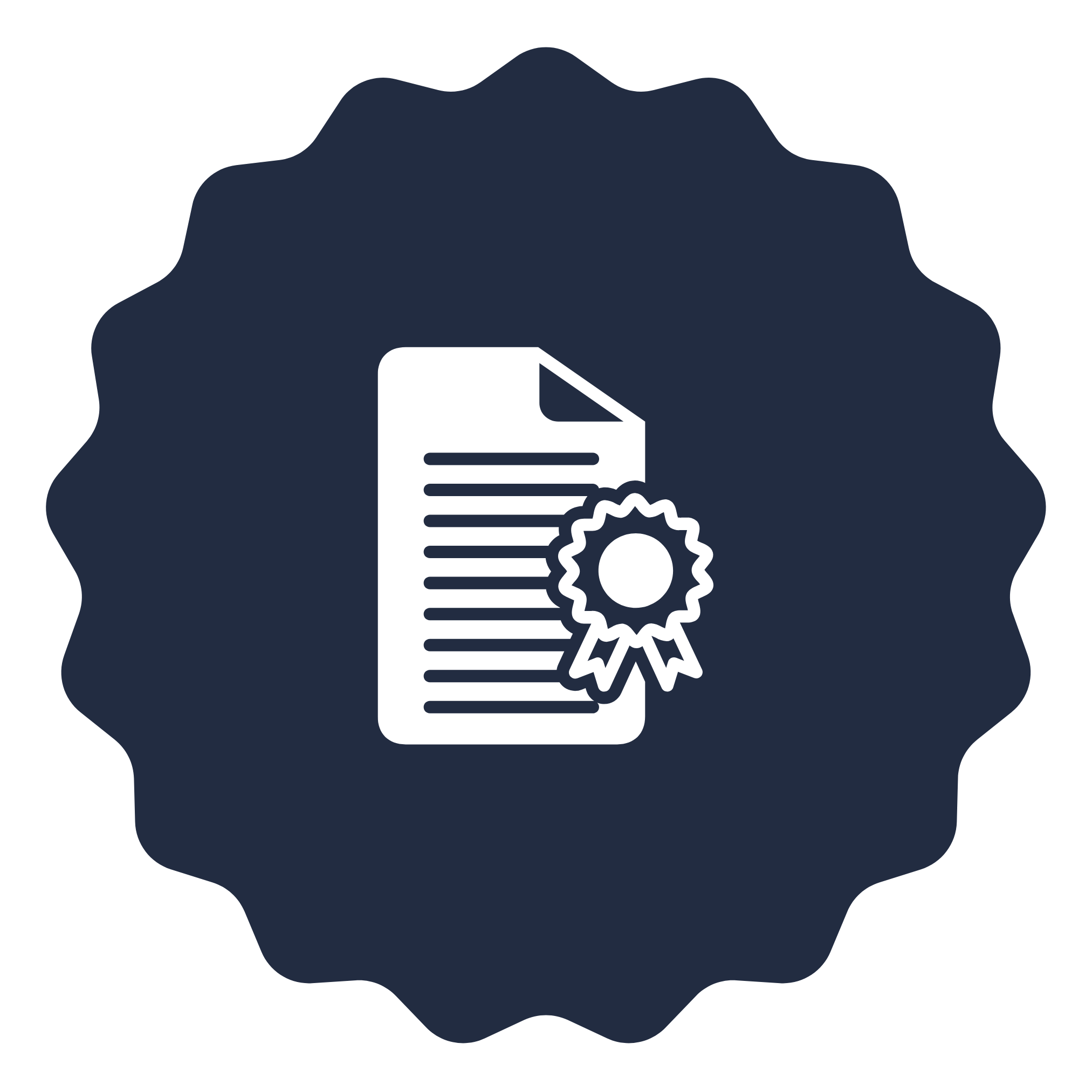 Icon of a document with a badge or ribbon, representing a certification or award.