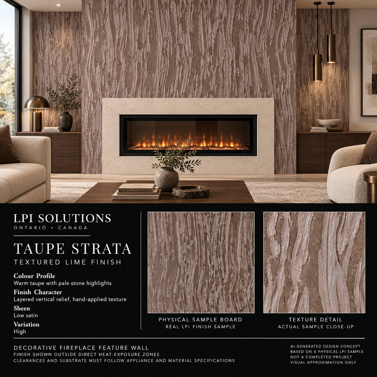 Fireplace applications are limited to decorative feature walls outside direct heat-exposure zones. Clearances and substrates follow appliance and material specifications.