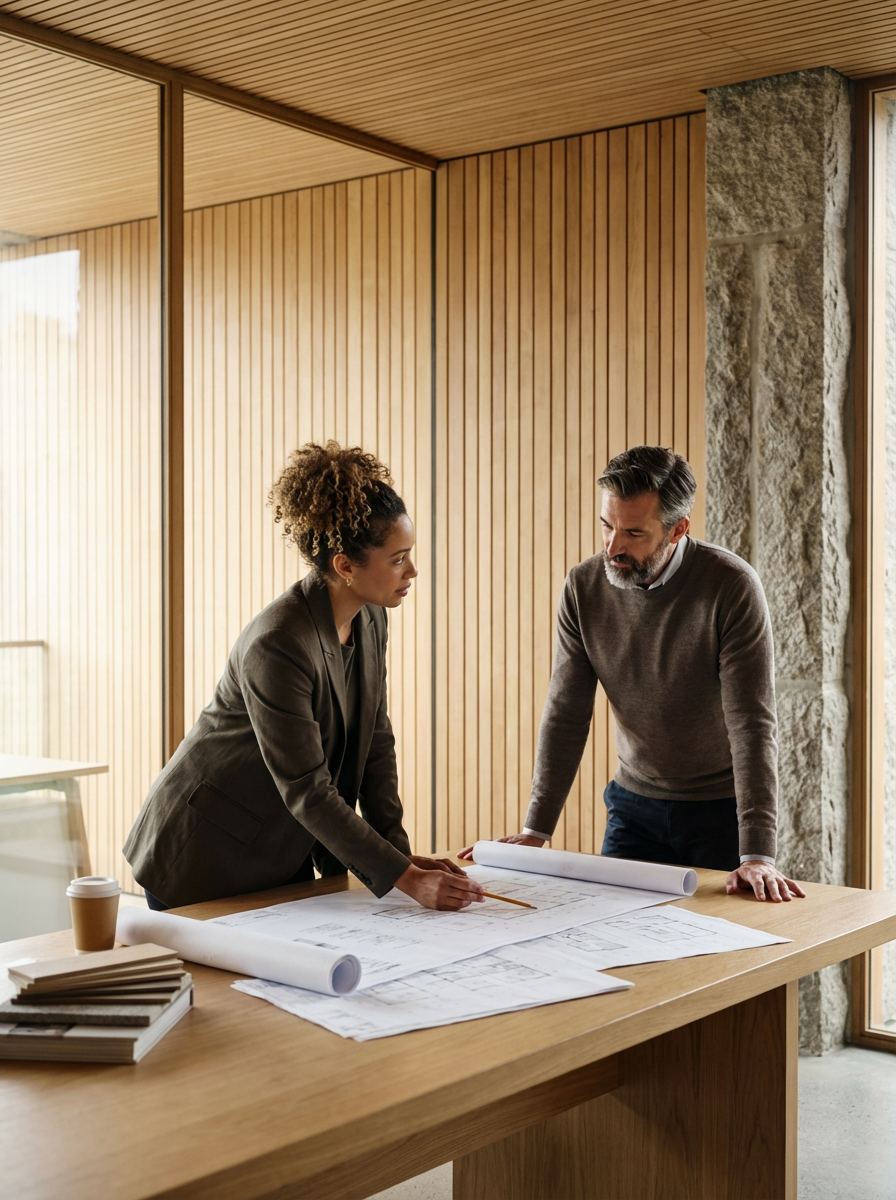 Two professionals, a woman and a man, are discussing blueprints spread out on a wooden table in a modern office with wood-paneled walls and large windows.