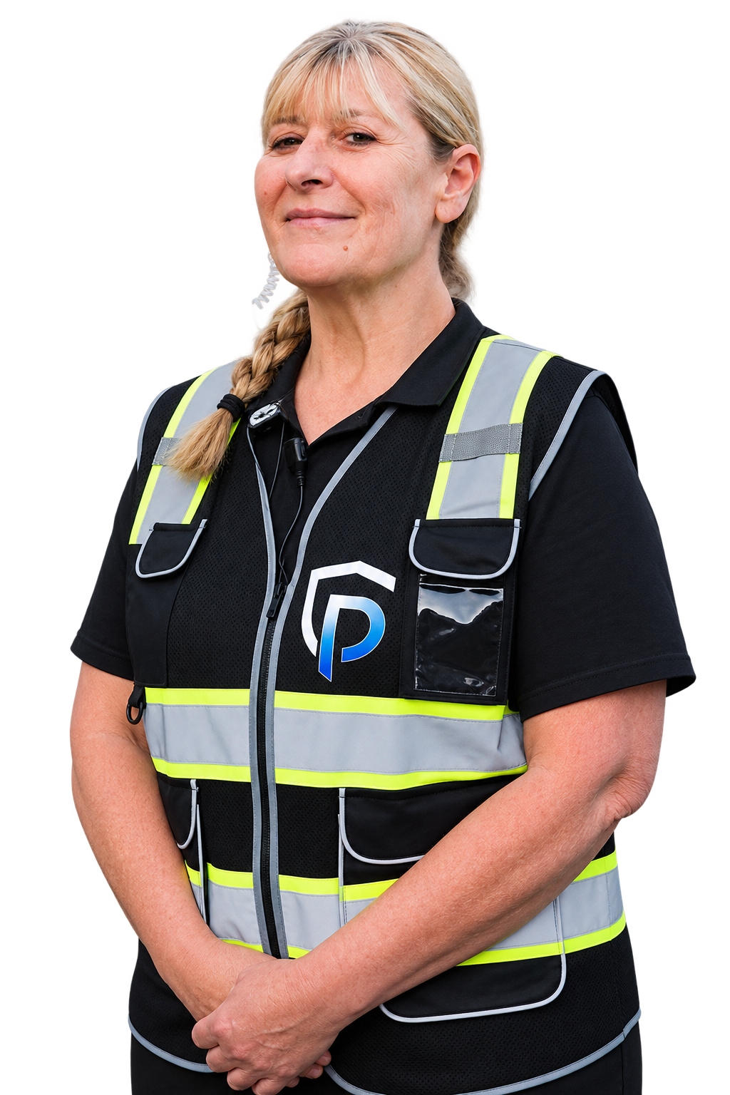 A woman with blonde hair in a braid, wearing a black uniform with reflective safety vest, standing outdoors.
