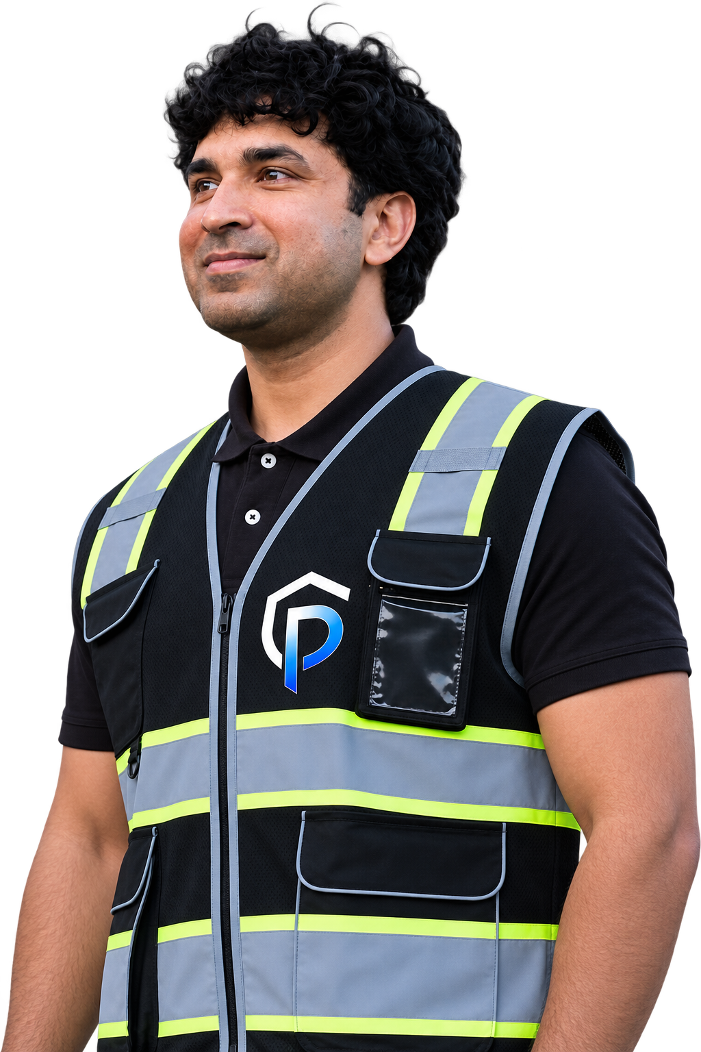 A man in a black and gray safety vest with reflective stripes, wearing a black polo shirt, stands outdoors looking off to the side with a slight smile.