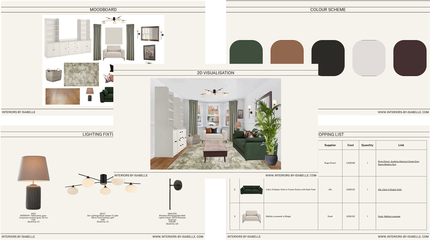 Interiors By Isabelle. Interior design mood board and visualisation of a living room with a green sofa, white armchair, large windows with green curtains, wooden floor, and greenery, showing furniture, decor, and lighting details.