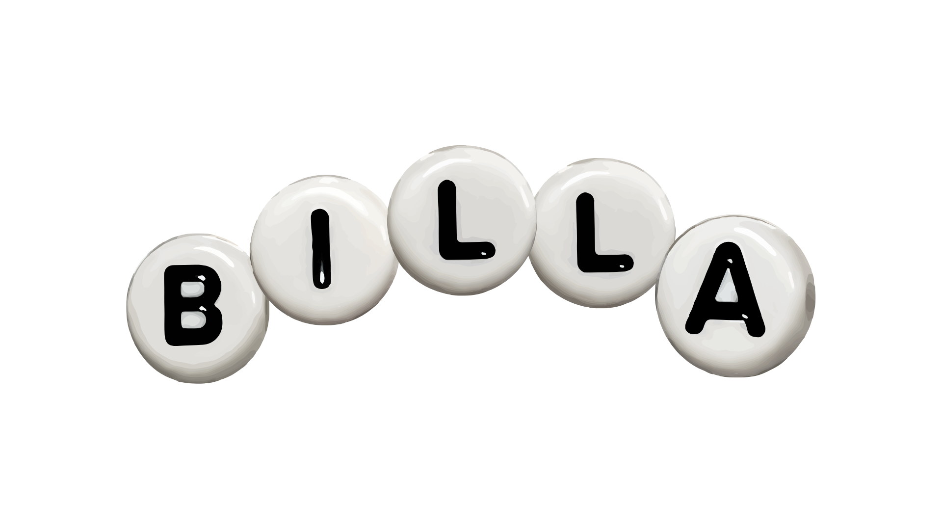 White bubbles spelling out the word "BILLA" in black letters.