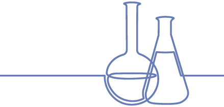 Line drawing of two laboratory flasks, one round-bottom and one conical, with liquid inside the round-bottom flask and a stirring rod.