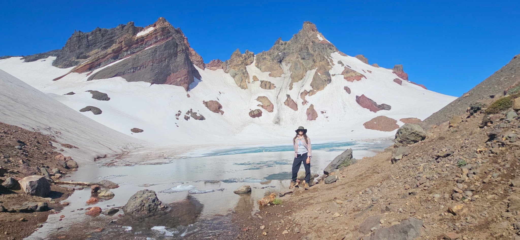 Angie Watson at No Name Lake on Broken Top Mountain, Bend, Oregon..