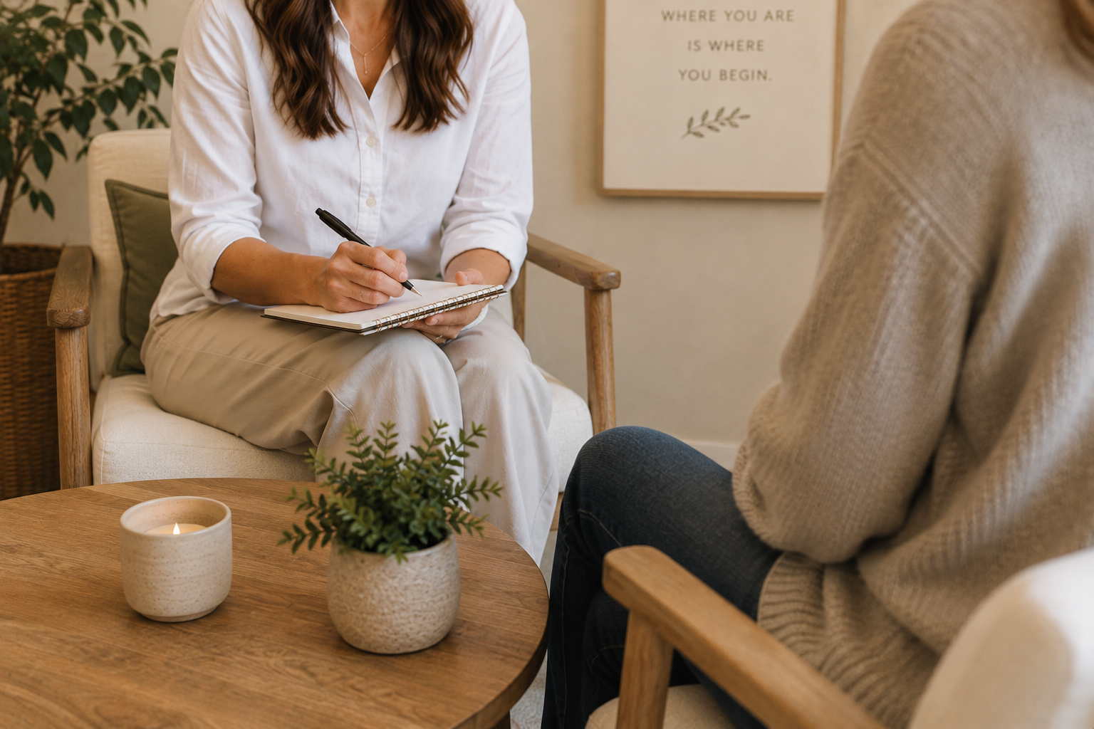 Health and wellness coaching session with a coach taking notes while speaking with a client.