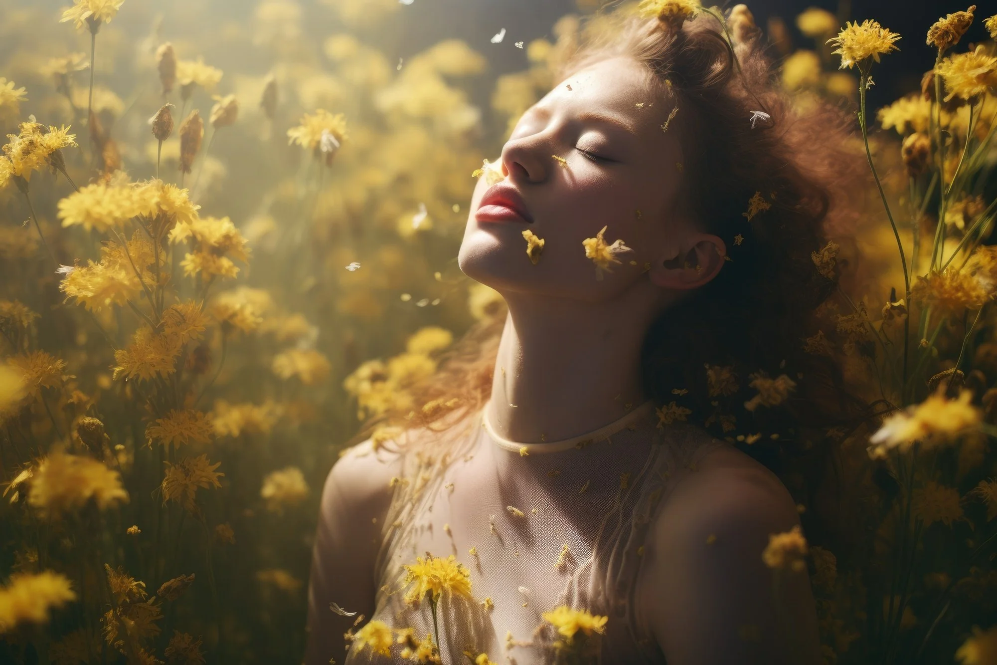 A woman with closed eyes and curly hair lying among yellow flowers in sunlight.