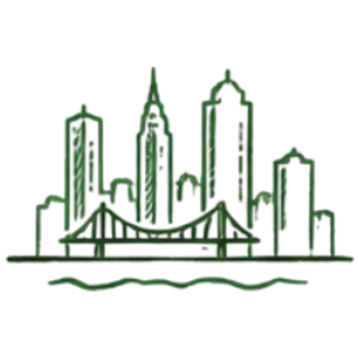 Line drawing of a city skyline with tall buildings and a bridge over water.