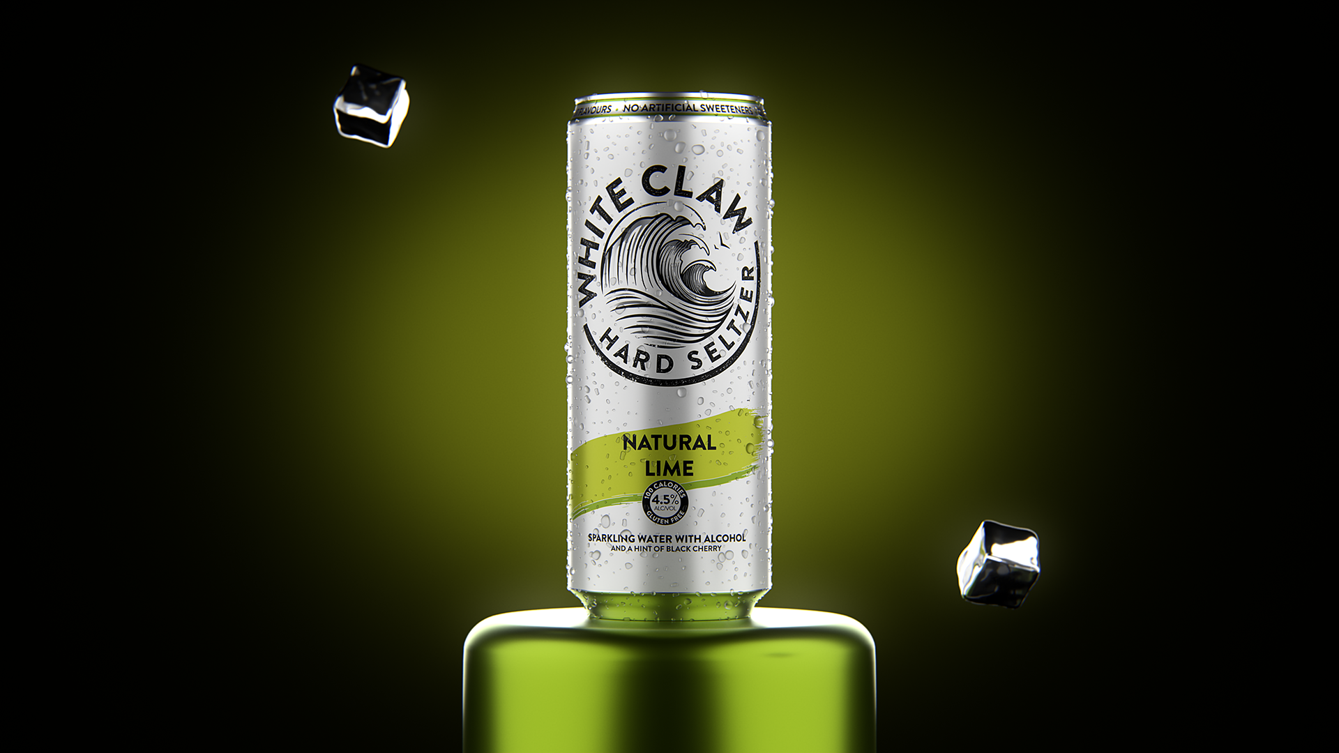 A can of White Claw hard seltzer with natural lime flavor featuring water droplets, positioned on a green bottle, with ice cubes floating nearby, and a dark background with green gradient