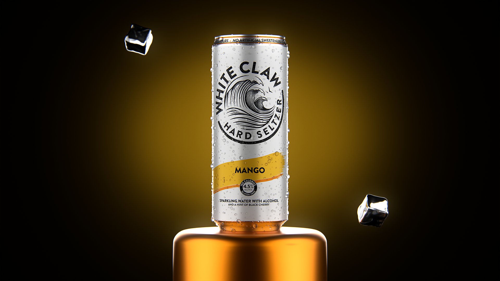 A can of White Claw Mango flavored hard seltzer, with droplets of condensation, floating in mid-air against a dark background with two ice cubes nearby.