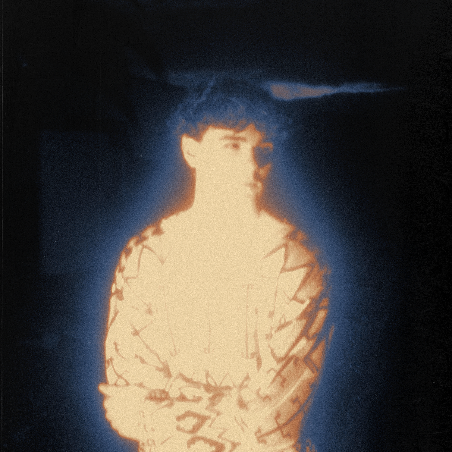 A person holding a glowing spherical object resembling a cracked ball with a clock face pattern inside, emitting bright light, in a dark background.