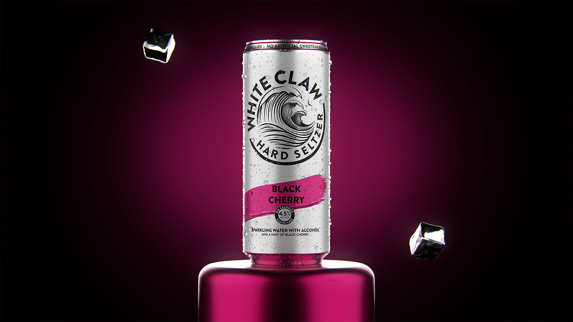 A can of White Claw Black Cherry flavored sparkling water with alcohol, with condensation droplets, floating ice cubes, and a pink cylindrical object in the background.