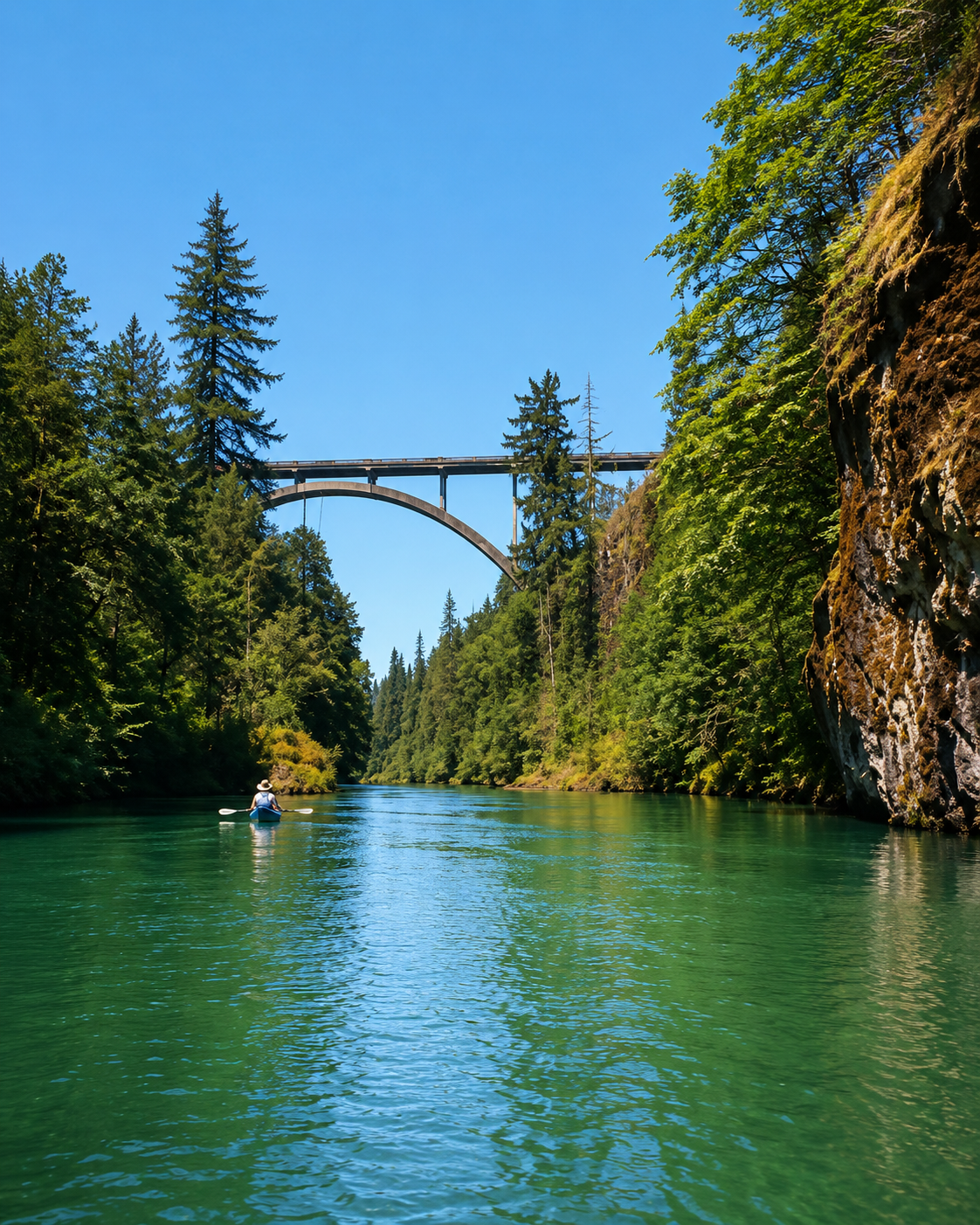 Kayaker paddling on a forest-lined river beneath a tall arched bridge
