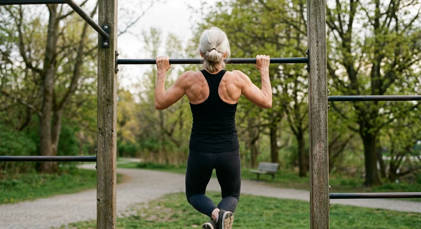 Athletic woman with grey hair pulling herself up on a pull-up bar outdoors.