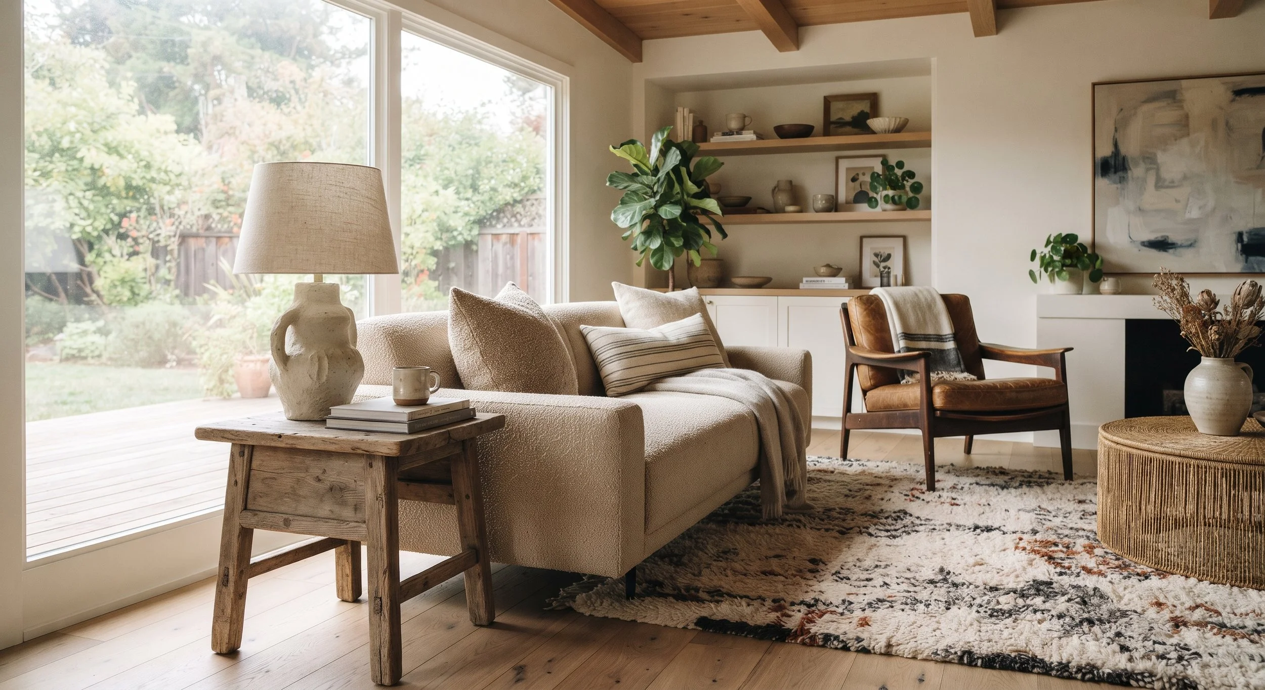Organic modern living room featuring a streamlined cream sofa with nubby linen pillows, a weathered old wood side table topped with a sculptural ceramic lamp, a textured contemporary rug, and a cherished vintage wood armchair beside a sunlit window.