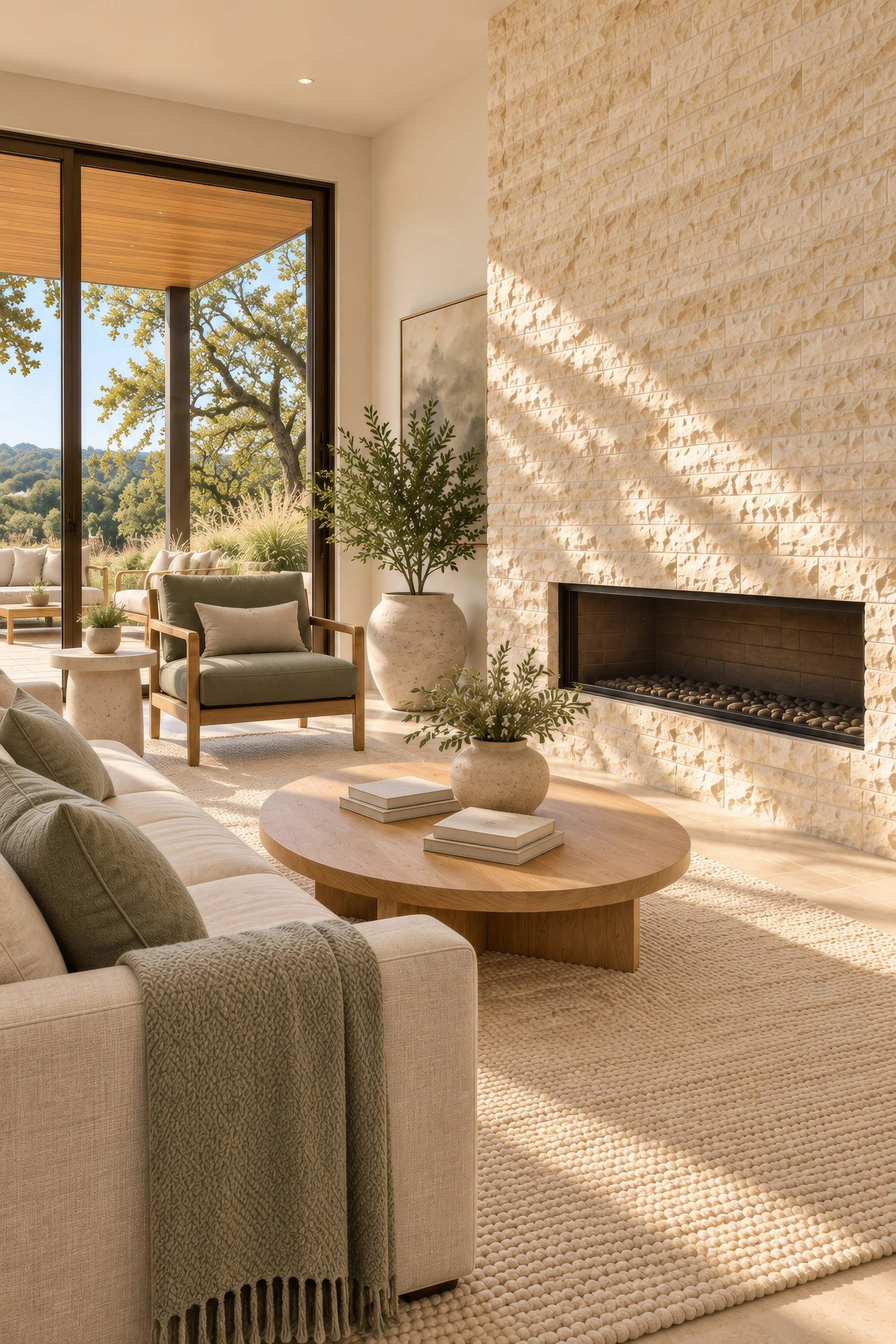 organic modern living room featuring textured stone fireplace wall, round wooden coffee table, floor to ceiling sunlignt window, cream sofa with green chair and pillows