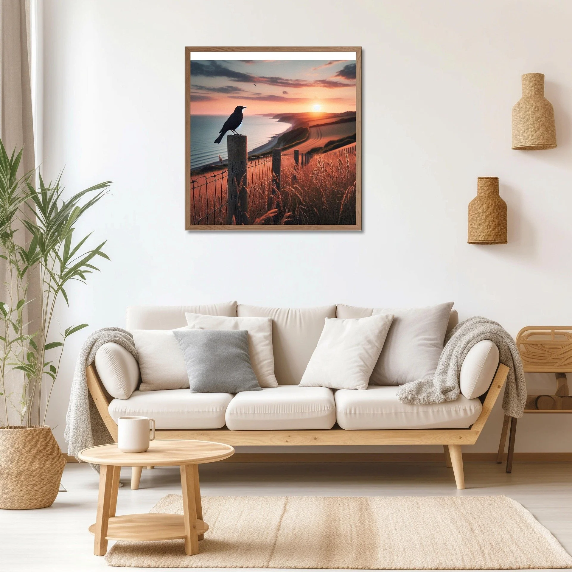 Framed coastal sunset landscape print featuring a silhouetted bird perched on a fence post above grassy dunes, hanging on a white wall above a modern wooden sofa with neutral pillows, a small round coffee table, and woven wall sconces.