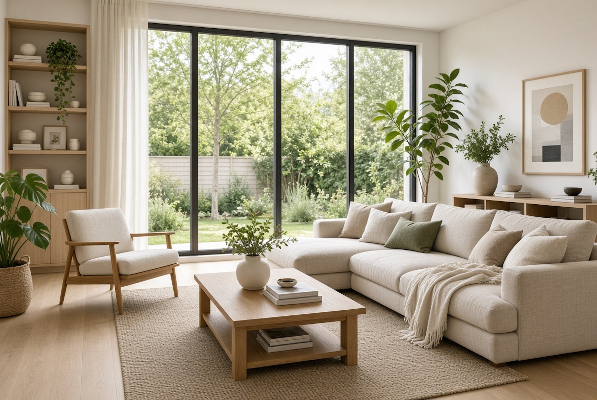Organic modern living room featuring a large cream sectional sofa with neutral pillows, a wooden coffee table centered on a woven rug, a light wood armchair by full-height windows, built-in shelving, and potted indoor greenery.