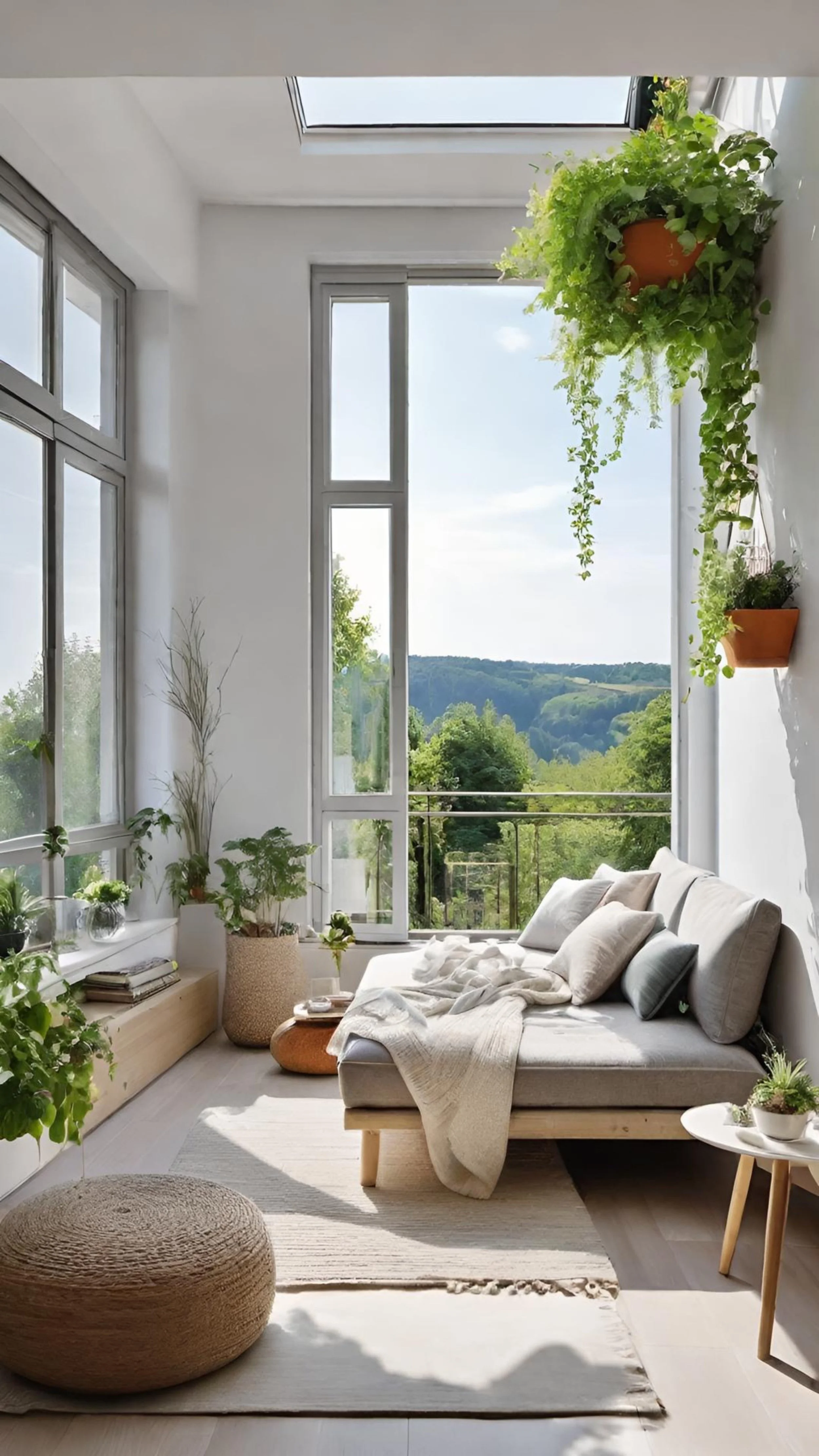 Bright, cozy living room with floor-to-ceiling windows overlooking a lush green landscape, featuring a neutral sofa, soft throw blanket, pillows, and an abundance of indoor plants.