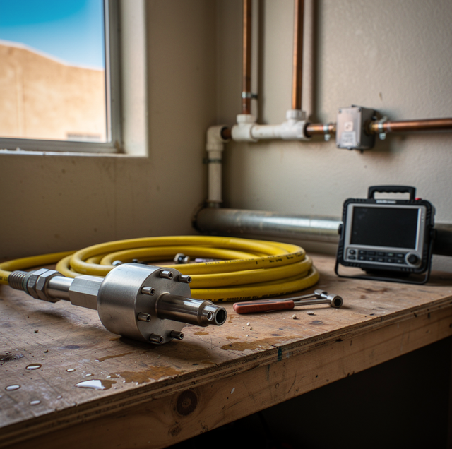 Yellow hose and metal valve connector sit on a wooden table near pipes and an electronic device in a room with a window overl
