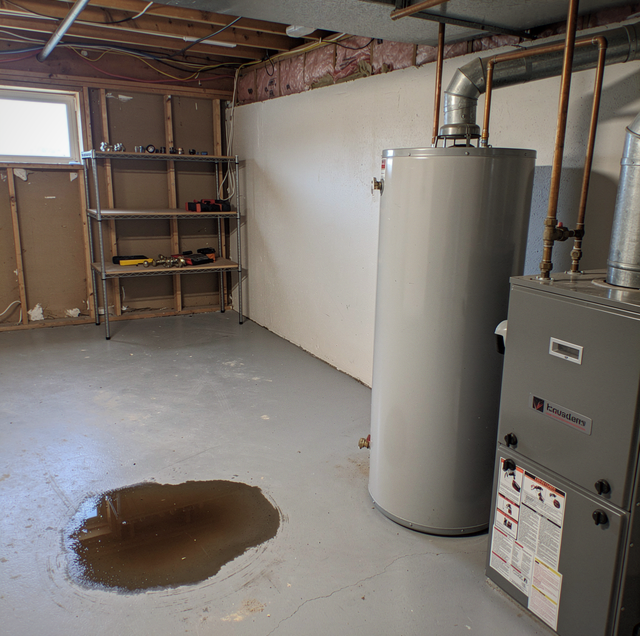 corroded water heater tank with rusted valve and leak