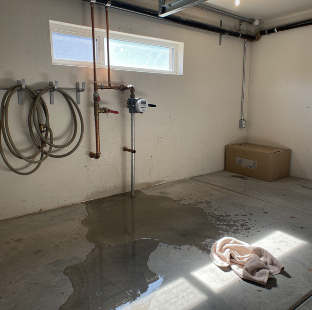 water spraying from cracked pipe flooding hardwood floor