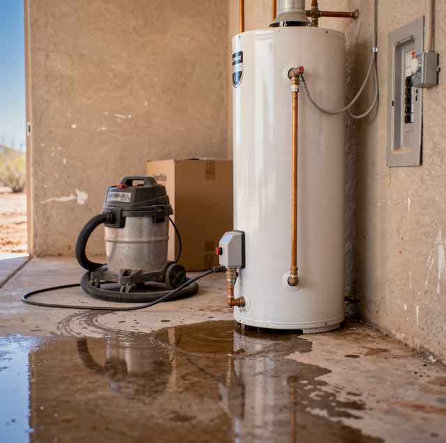 dripping water heater tank with warning notice attached