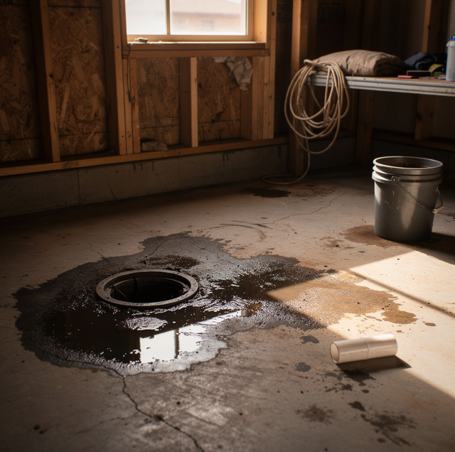 raw sewage overflowing from corroded floor drain in basement