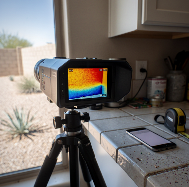 Moisture meter scanning drywall by baseboard