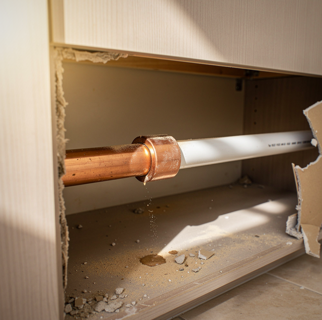 A copper pipe with a fitting and white PVC pipe installed on a shelf inside a wall opening with dust and debris.