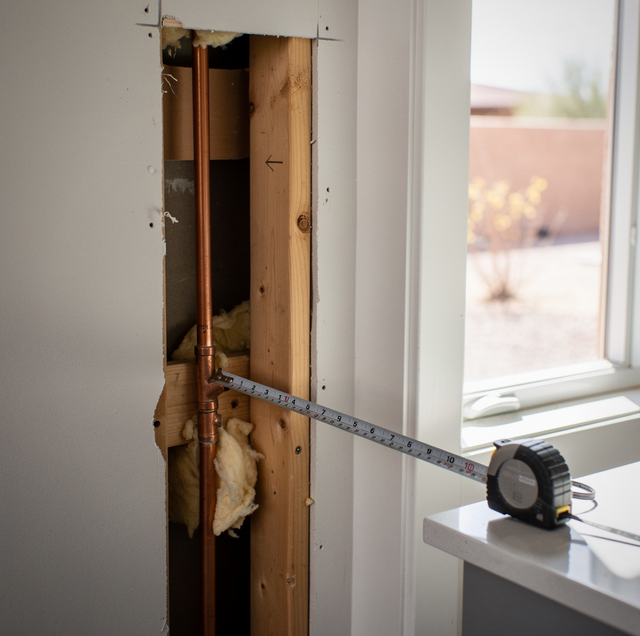 homeowner sorting pipe repair paperwork at kitchen table