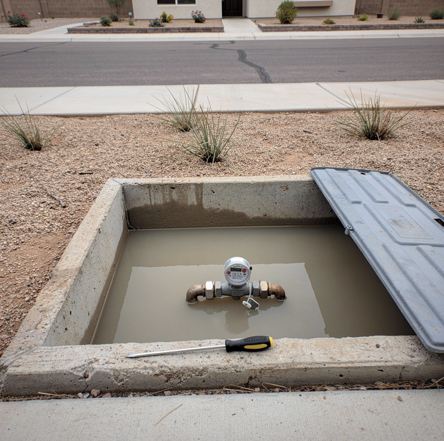 water-filled meter box lid pried open at curb