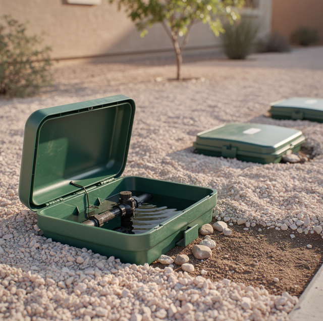 An open green metal box containing metal coils sits on gravel ground near trees and closed boxes.